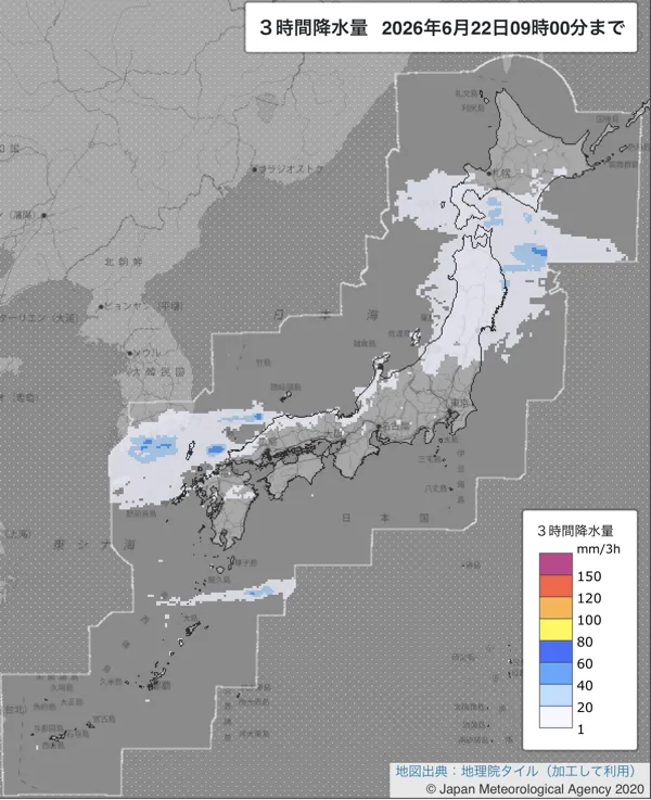 2026年6月22日6〜9時の日本周辺の3時間解析降水量