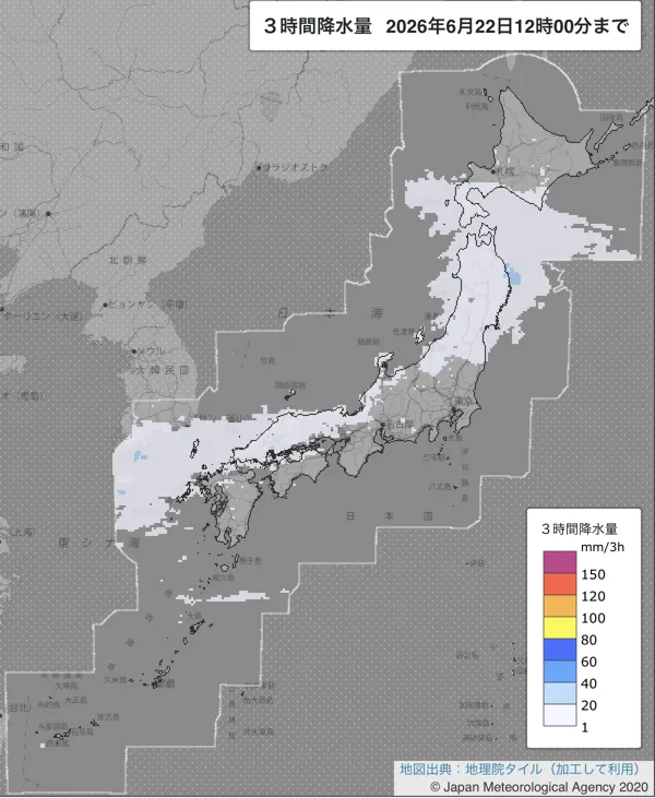 2026年6月22日9〜12時の日本周辺の3時間解析降水量