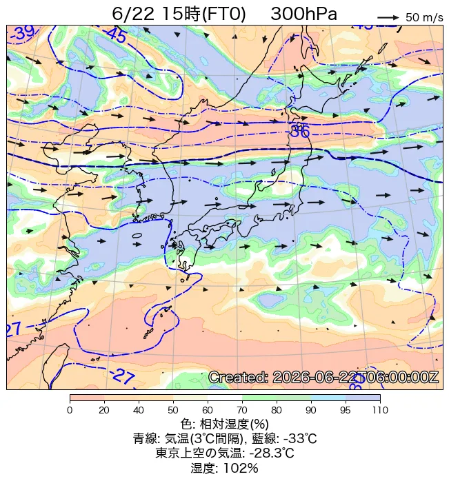 2026年6月22日の日本周辺の300hPa天気図（15時）