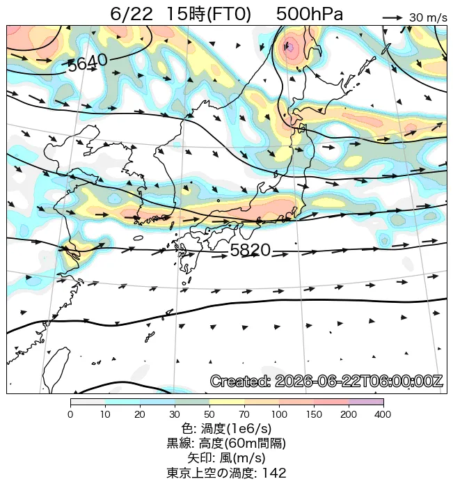 2026年6月22日の日本周辺の500hPa天気図（15時）