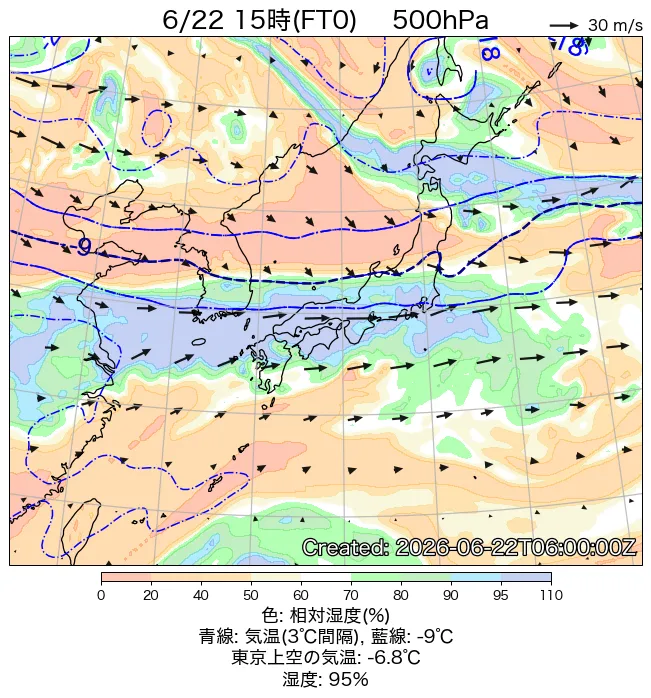 2026年6月22日の日本周辺の500hPa天気図（15時）