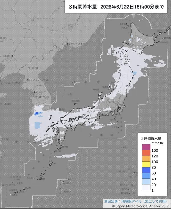 2026年6月22日12〜15時の日本周辺の3時間解析降水量