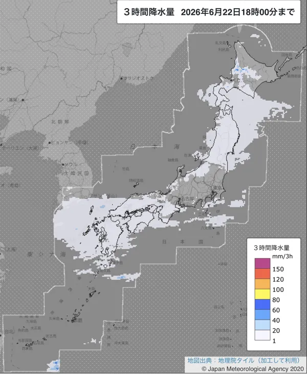 2026年6月22日15〜18時の日本周辺の3時間解析降水量