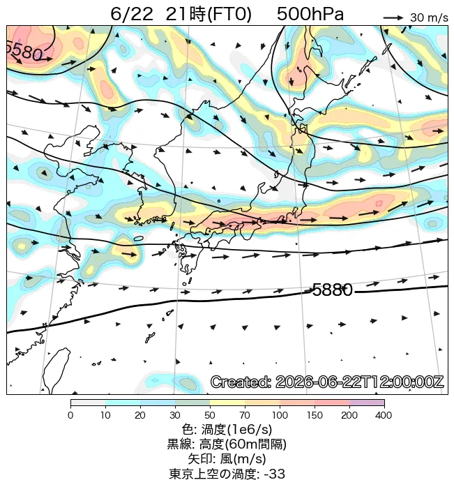 2026年6月22日の日本周辺の500hPa天気図（21時）