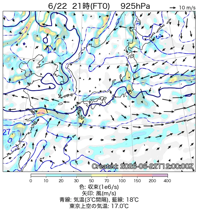 2026年6月22日の日本周辺の925hPa天気図（21時）