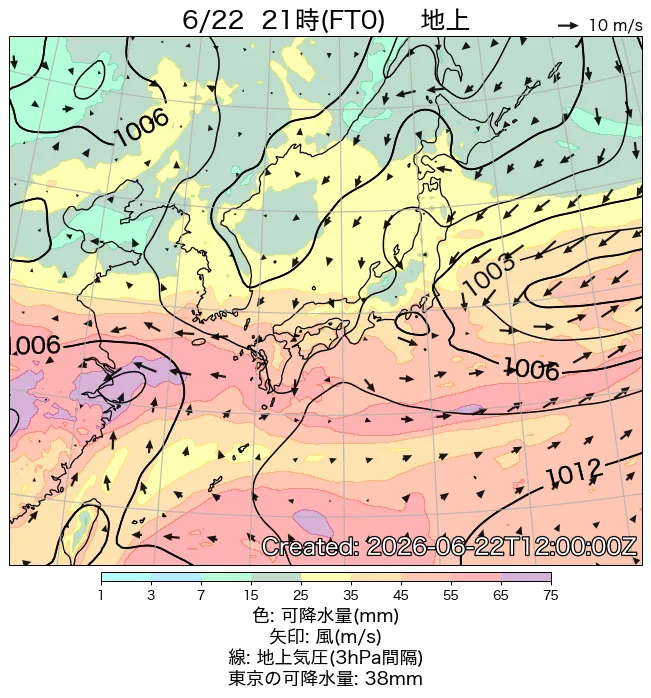 2026年6月22日の日本周辺の地上天気図（21時）