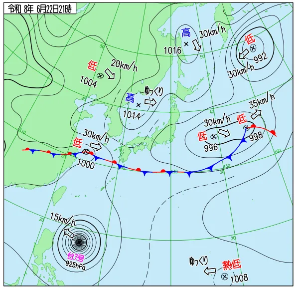 2026年6月22日21時の速報天気図