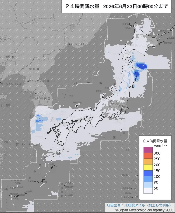 2026年6月22日の日本周辺の日解析雨量の図
