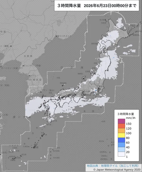 2026年6月22日21〜24時の日本周辺の3時間解析降水量