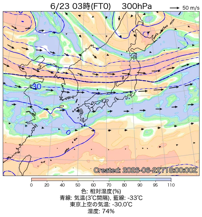 2026年6月23日の日本周辺の300hPa天気図（3時）
