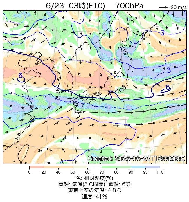 2026年6月23日の日本周辺の700hPa天気図（3時）