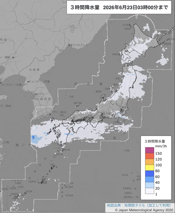 2026年6月23日0〜3時の日本周辺の3時間解析降水量