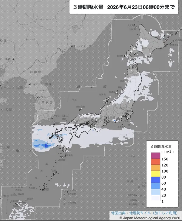 2026年6月23日3〜6時の日本周辺の3時間解析降水量