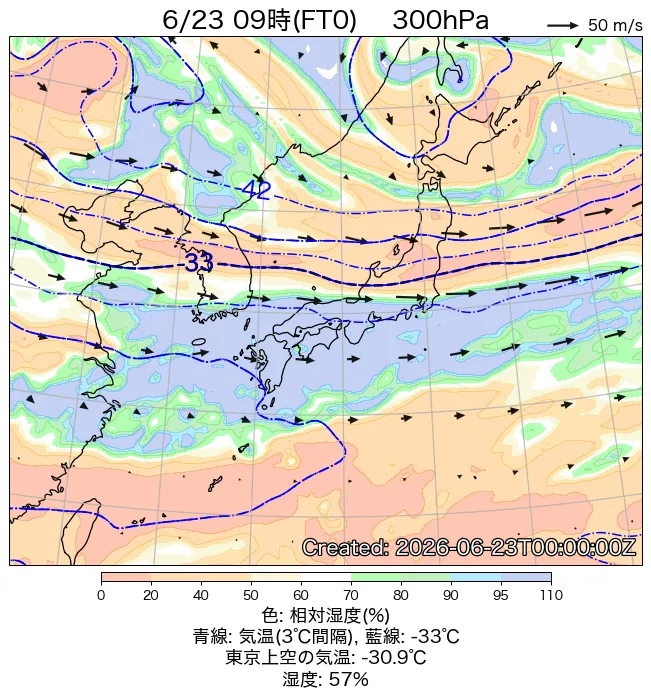 2026年6月23日の日本周辺の300hPa天気図（9時）