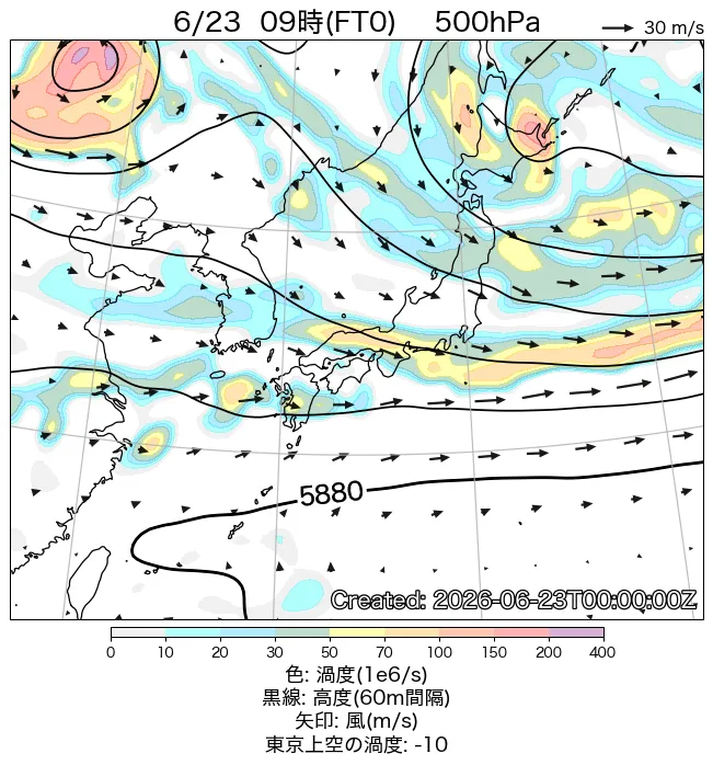 2026年6月23日の日本周辺の500hPa天気図（9時）