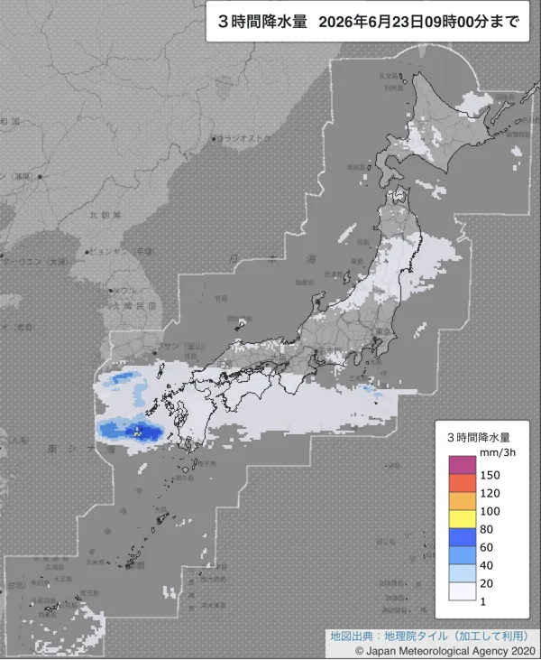 2026年6月23日6〜9時の日本周辺の3時間解析降水量