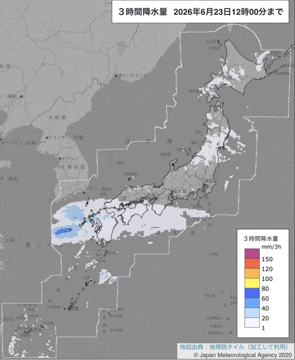 2026年6月23日9〜12時の日本周辺の3時間解析降水量