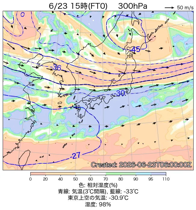 2026年6月23日の日本周辺の300hPa天気図（15時）