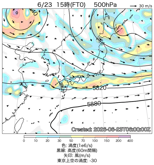 2026年6月23日の日本周辺の500hPa天気図（15時）