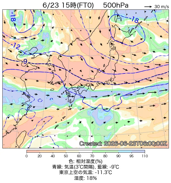 2026年6月23日の日本周辺の500hPa天気図（15時）