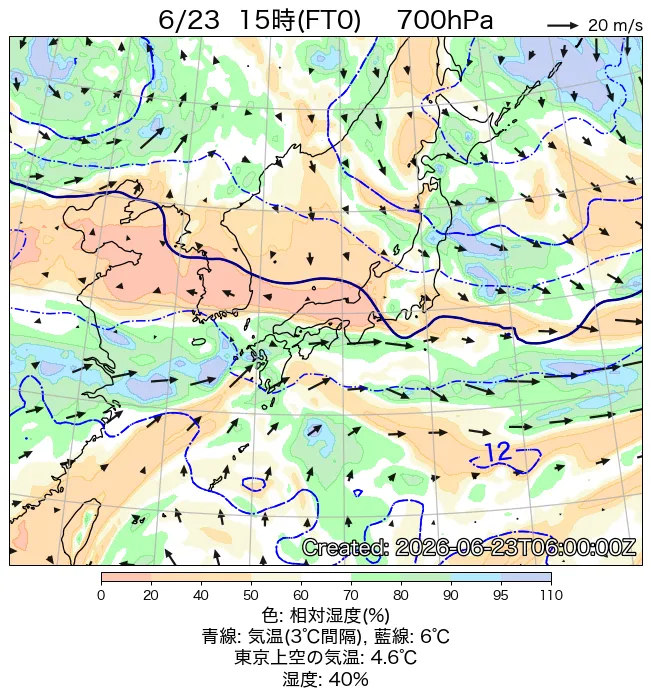 2026年6月23日の日本周辺の700hPa天気図（15時）