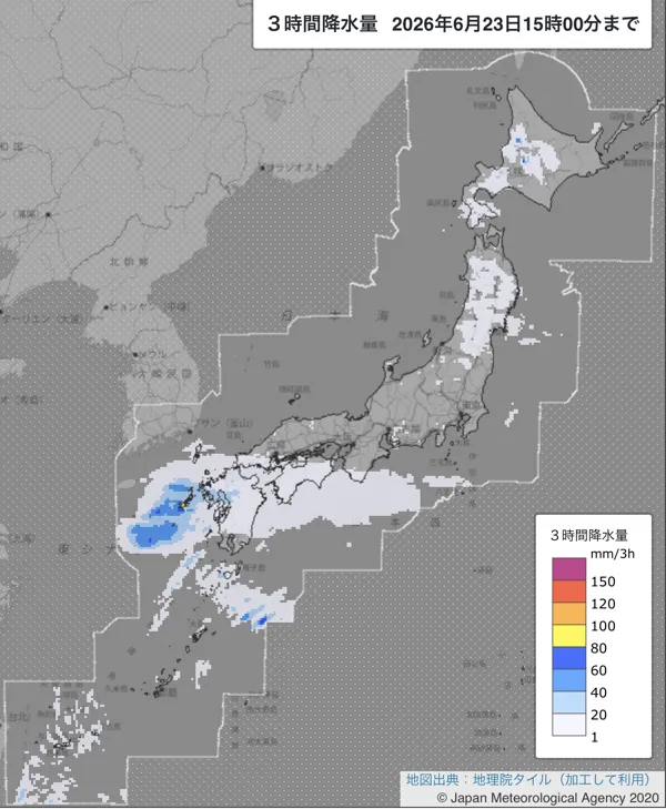 2026年6月23日12〜15時の日本周辺の3時間解析降水量