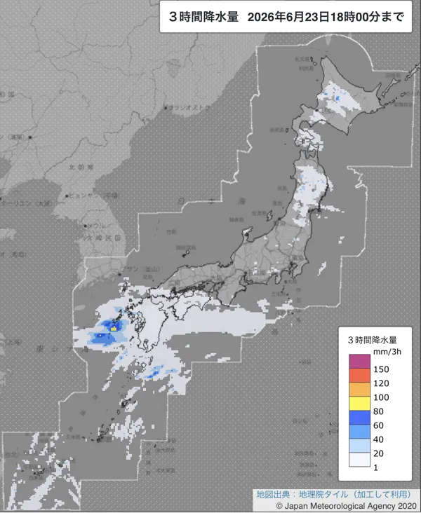 2026年6月23日15〜18時の日本周辺の3時間解析降水量