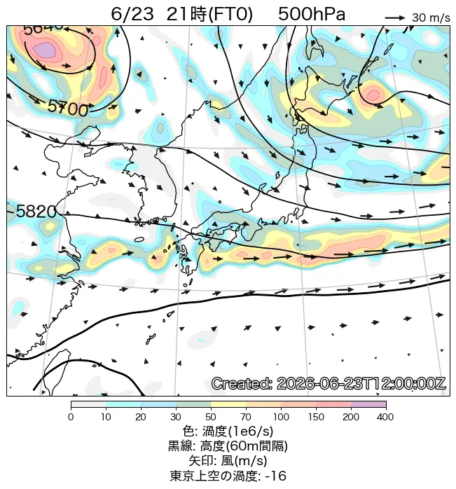 2026年6月23日の日本周辺の500hPa天気図（21時）