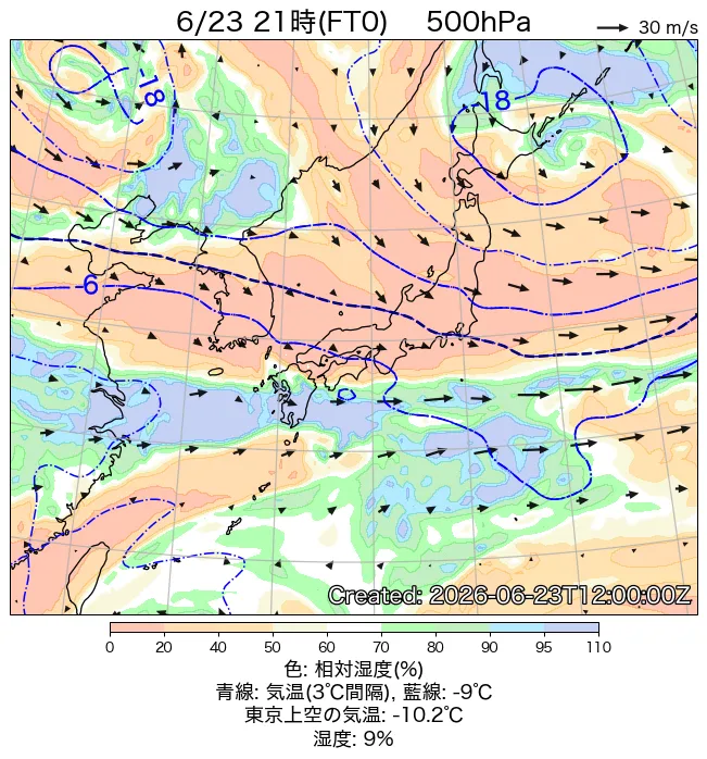 2026年6月23日の日本周辺の500hPa天気図（21時）