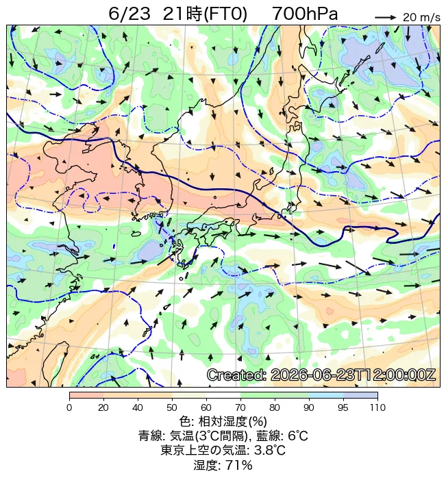 2026年6月23日の日本周辺の700hPa天気図（21時）