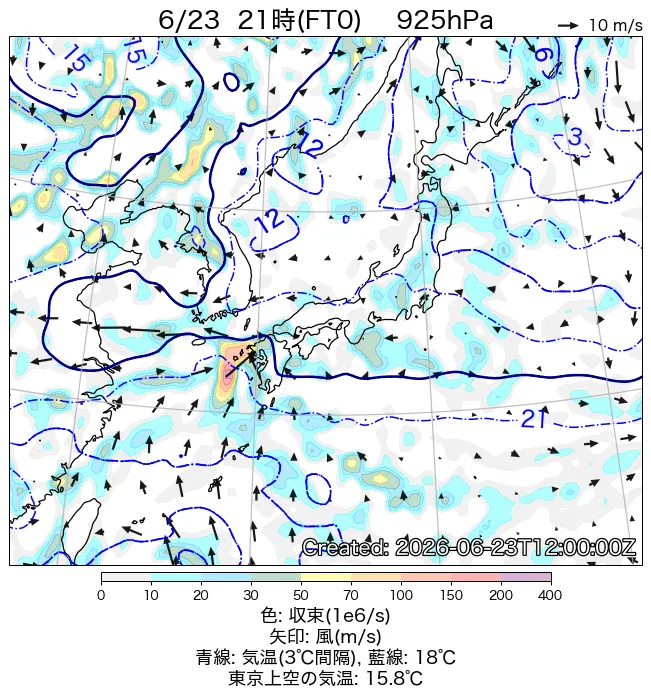 2026年6月23日の日本周辺の925hPa天気図（21時）