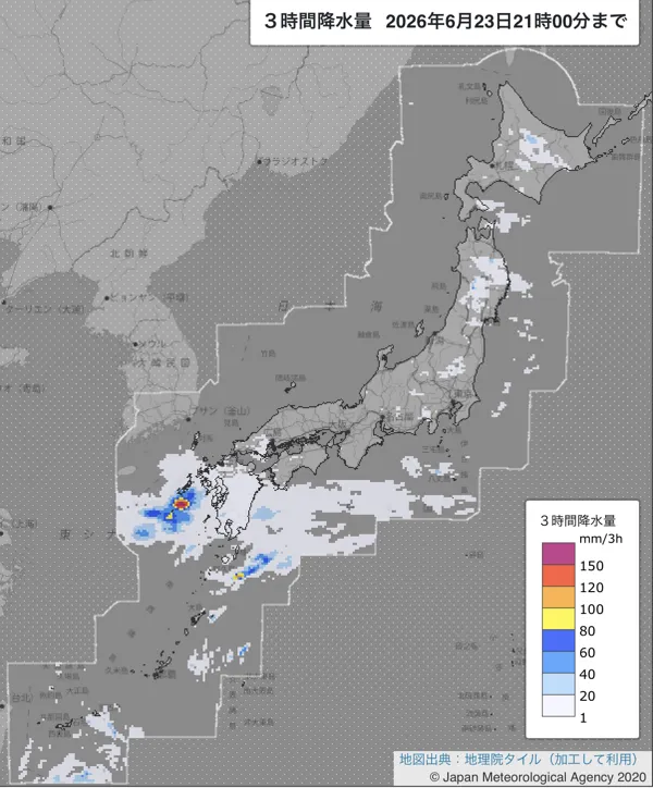 2026年6月23日18〜21時の日本周辺の3時間解析降水量