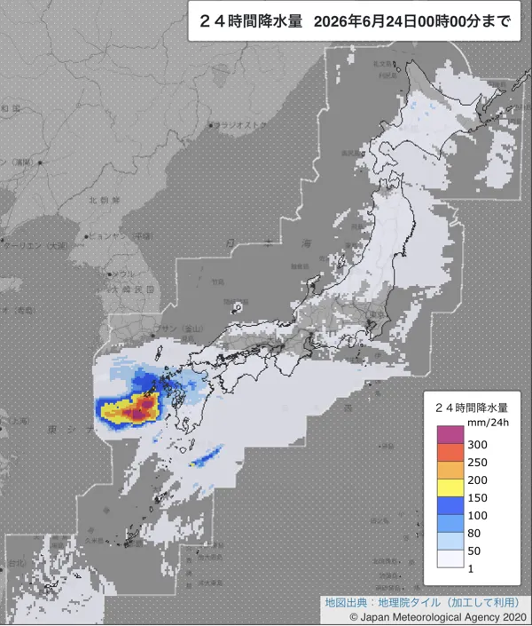 2026年6月23日の日本周辺の日解析雨量の図