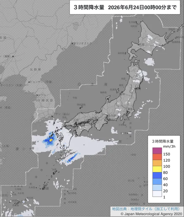 2026年6月23日21〜24時の日本周辺の3時間解析降水量