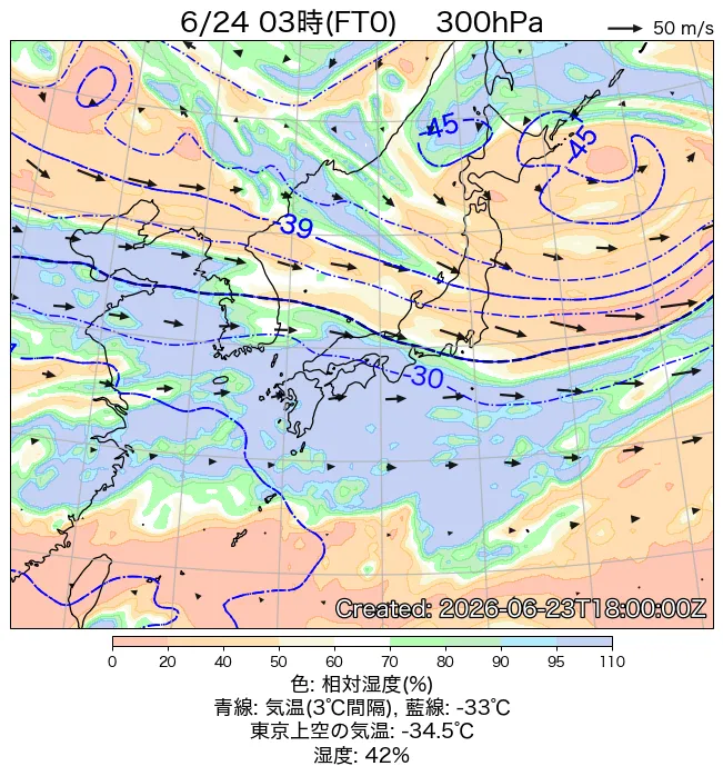 2026年6月24日の日本周辺の300hPa天気図（3時）