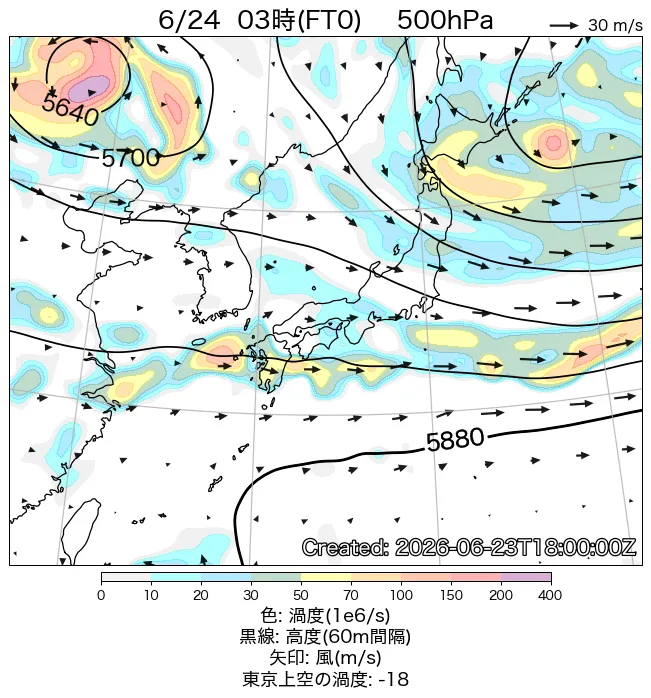 2026年6月24日の日本周辺の500hPa天気図（3時）