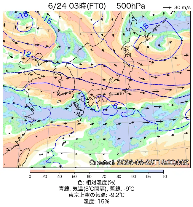 2026年6月24日の日本周辺の500hPa天気図（3時）
