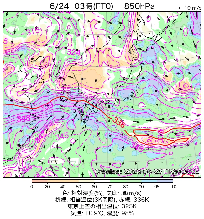 2026年6月24日の日本周辺の850hPa天気図（3時）
