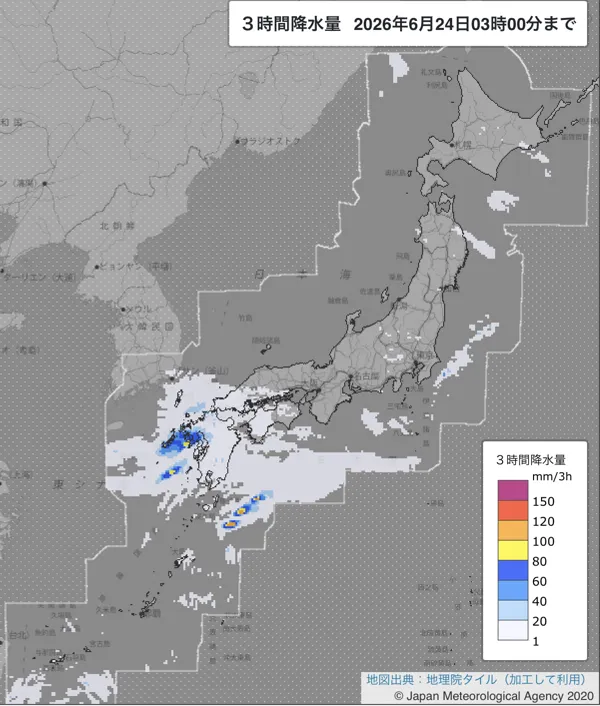 2026年6月24日0〜3時の日本周辺の3時間解析降水量