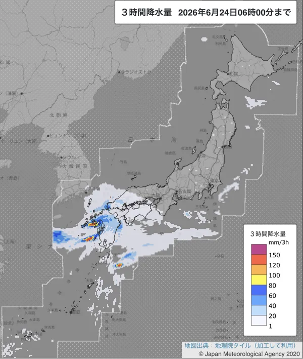 2026年6月24日3〜6時の日本周辺の3時間解析降水量