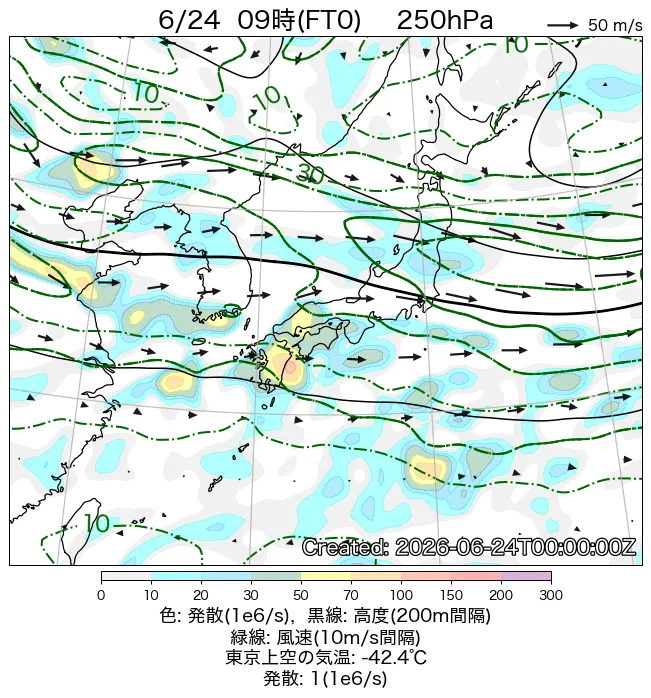 2026年6月24日の日本周辺の250hPa天気図（9時）