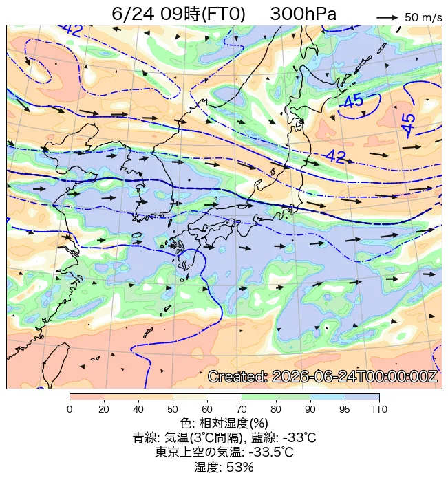 2026年6月24日の日本周辺の300hPa天気図（9時）