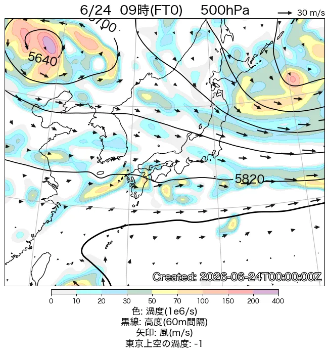 2026年6月24日の日本周辺の500hPa天気図（9時）