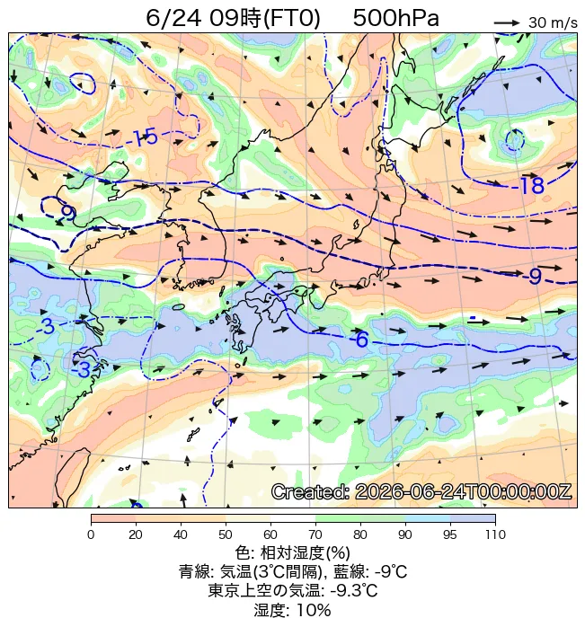 2026年6月24日の日本周辺の500hPa天気図（9時）