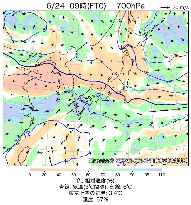 2026年6月24日の日本周辺の700hPa天気図（9時）
