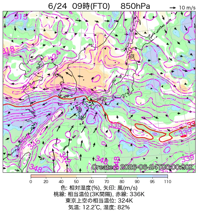 2026年6月24日の日本周辺の850hPa天気図（9時）
