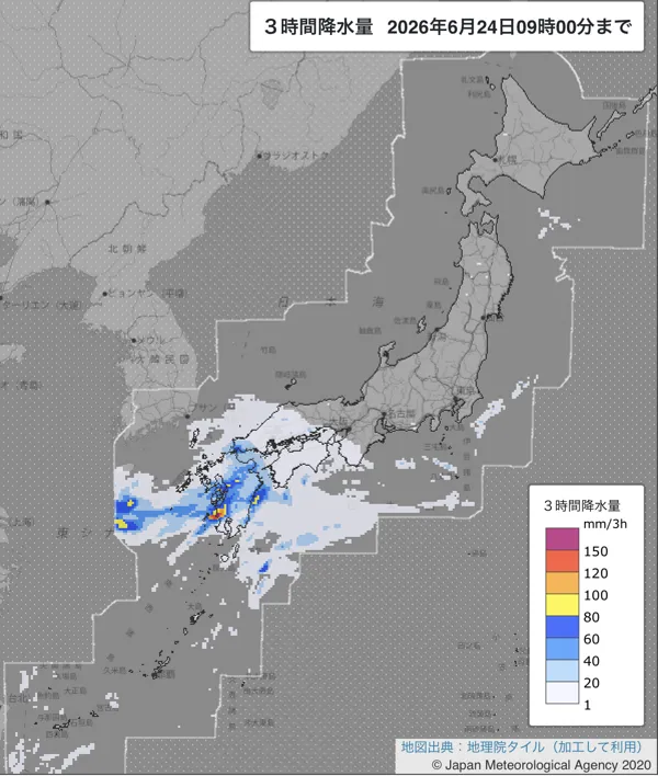 2026年6月24日6〜9時の日本周辺の3時間解析降水量