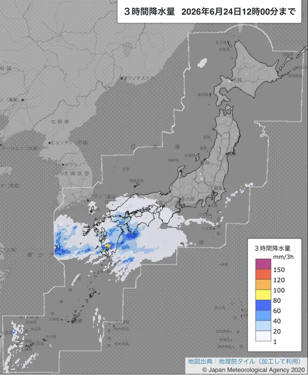 2026年6月24日9〜12時の日本周辺の3時間解析降水量