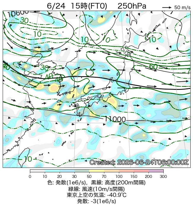 2026年6月24日の日本周辺の250hPa天気図（15時）