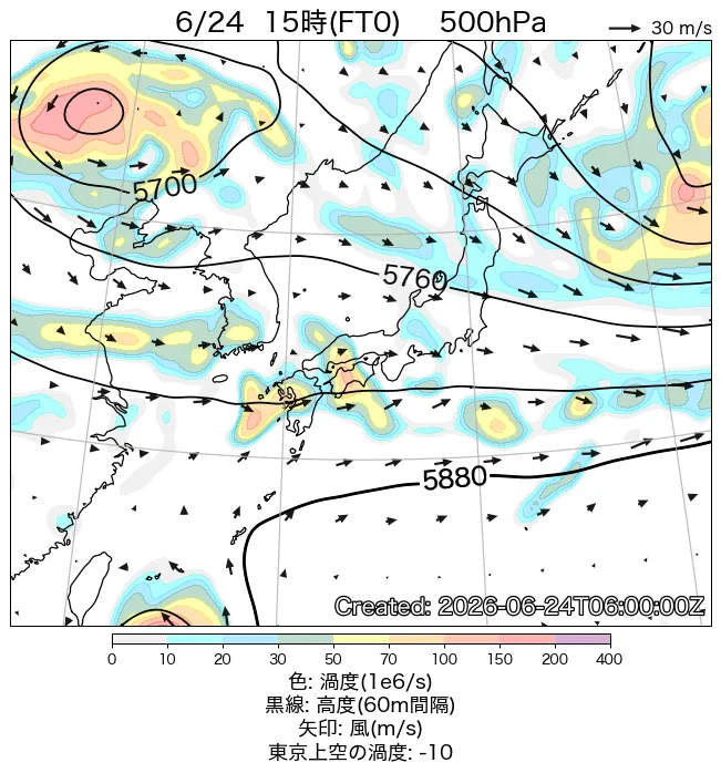 2026年6月24日の日本周辺の500hPa天気図（15時）